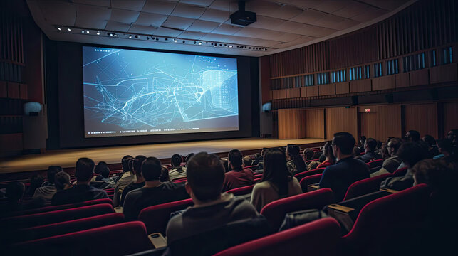 Conference In A University Auditorium With A Large Screen On The Wall