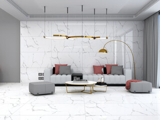 Gorgeous, light-filled interior living room with white marble floors, a sophisticated gold lamp, a grey sofa with colorful cushions, and a window overlooking a pleasant view. 3D Rendering