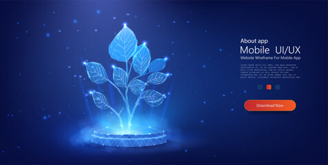 Fototapeta premium Futuristic Digital Plant with Luminescent Leaves on a Deep Cosmic Background: Nature Meets Technology in Vibrant Vector Art. Modern 3d graphic Isolated vector illustration