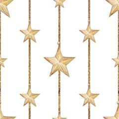 Golden Stars Christmas Seamless Pattern on a Transparent Background, Festive Xmas Decoration Patterns with Hand-painted Watercolor Illustrations