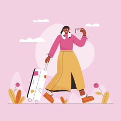 Woman with luggage and phone takes pictures