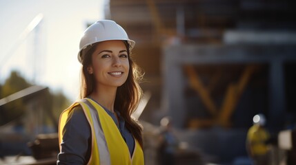 portrait of a smiling young female engineer working at a construction site. Wear a white construction safety helmet, work vest and ppe - obrazy, fototapety, plakaty