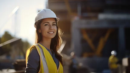 Fotobehang portrait of a smiling young female engineer working at a construction site. Wear a white construction safety helmet, work vest and ppe © ND STOCK