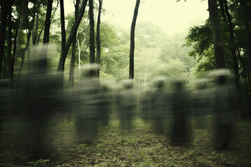 Fototapeta na wymiar misty park with blurred people, concept of loneliness, depression, PTSD 