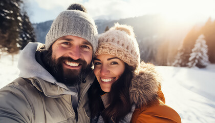 Fototapeta na wymiar Young couple in winter clothes taking selfies against the background of the forest