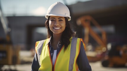 portrait of a smiling young female engineer working at a construction site. Wear a white construction safety helmet, work vest and ppe