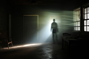 Fototapeta na wymiar misty house with blurred person, concept of loneliness, depression, PTSD 