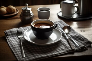 Food plate with coffee, spoons, and napkin on table. Generative AI