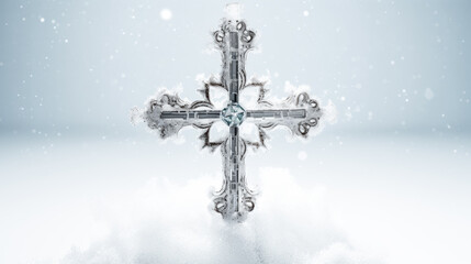 Fototapeta premium A Christmas cross stands tall against a clear white background, adorned with festive decorations and glowing in the light.