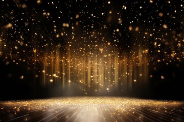 A festive stage adorned with golden confetti, providing a mockup space suitable for award ceremonies, jubilees, New Years parties, or product presentations. Created with generative AI tools - obrazy, fototapety, plakaty