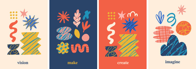 Hand drawn naive, bizarre abstract geometric poster, flyer and banner. Modern contemporary figures, various organic shapes and doodle objects, vector graphic elements