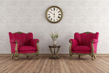 Old room with brick wall with luxury classic style armchairs