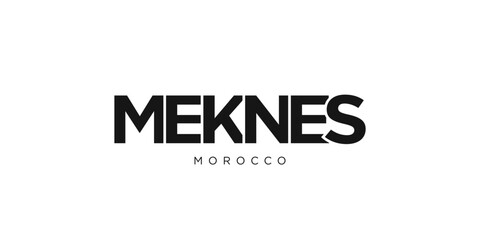 Meknes in the Morocco emblem. The design features a geometric style, vector illustration with bold typography in a modern font. The graphic slogan lettering.