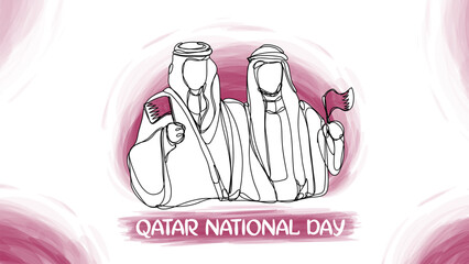 Qatar National Day Banner With Two Arab Man Holding Flag One Line Watercolor Style Illustration