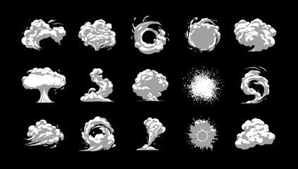 Explosion, burst fire effect of exploded dynamite with energy flashes, and smoke clouds cartoon collection. Vector illustration
