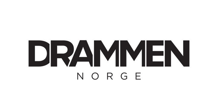 Drammen in the Norway emblem. The design features a geometric style, vector illustration with bold typography in a modern font. The graphic slogan lettering.