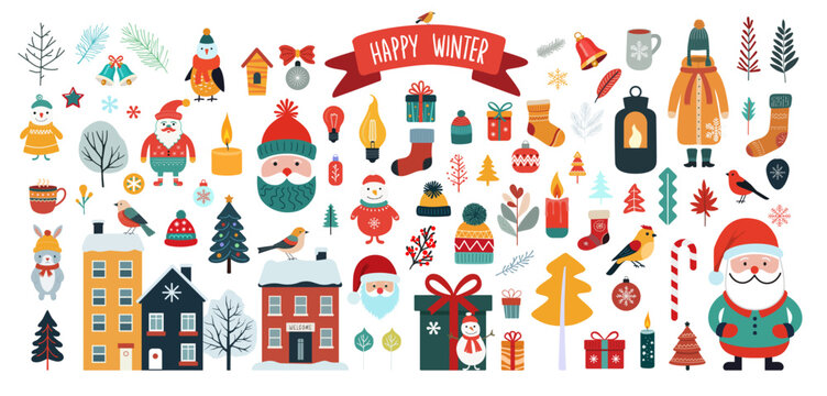 Winter holiday collection of Christmas design elements. Gifts, decorations, trees, animals, Santa characters, cozy winter wear, houses. Colorful Vector illustration