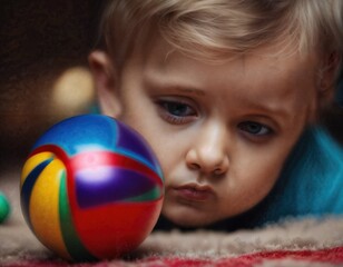 Fototapeta na wymiar child boy looks sadly at a toy ball