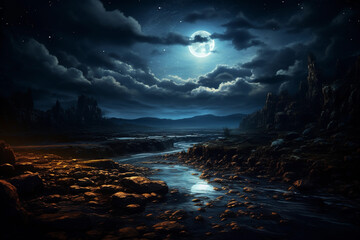 Fantasy landscape with forest and lake at night.