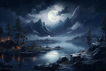 Fantasy landscape with forest and lake at night.