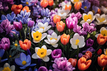 Colorful tulips and crocus flowers blooming in the garden
