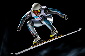 Flying skier on black background, extreme sport.