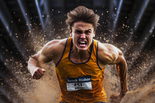 Athlete running in the spotlight against composite image of stage lights