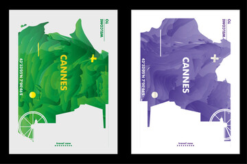 France Cannes city poster pack with abstract skyline, cityscape, landmark and attraction. Travel vector illustration layout set for vertical brochure, website, flyer, presentation