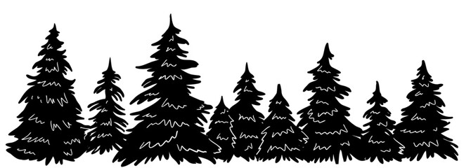 Forest of fir trees landscape. Vector illustration. Hand drawn sketch. Black and white.