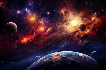 Stunning cosmic galaxy wallpaper with planets and space objects. Generative AI - obrazy, fototapety, plakaty