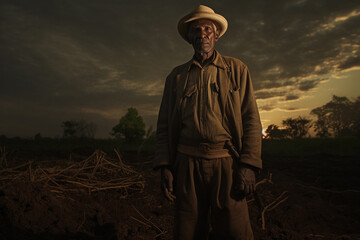 Farmer standing in the field and looking at the camera at sunset