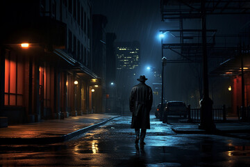 A man in a raincoat with a hat walks through the city at night.