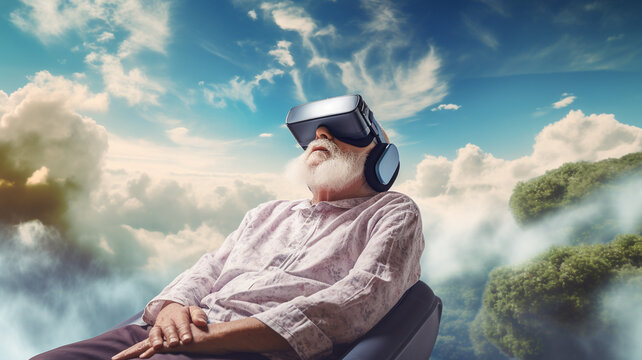 Old man wears VR glasses to see heaven