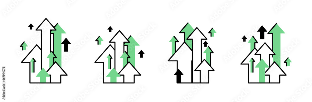 Poster up arrows. a set with a large number of objects. moving forward, career advancement, rising prices. 