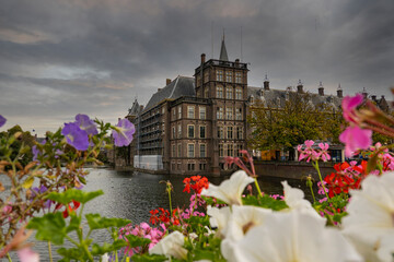 Binnenhof Palace in The Hague beside the Hohvijfer canal. Netherlands - Dutch Parliament buildings.