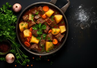 Top view beef meat and vegetables stew in black bowl. slate background