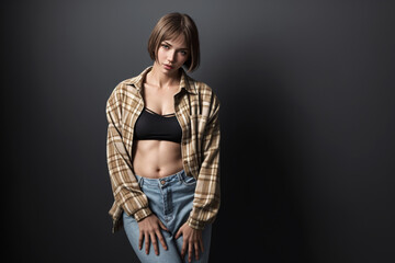 Naklejka premium Beautiful woman portrait in in a plaid shirt and jeans on dark background