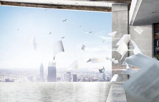 Conceptual image with business items flying in air