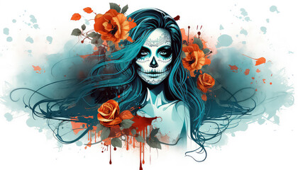 Woman with sugar skull makeup on a floral background - obrazy, fototapety, plakaty