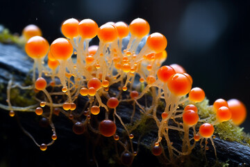Jewel-Like Droplets of Orange Slime Mold Growth - Embodying Nature's Radiance & Delicate Balance.