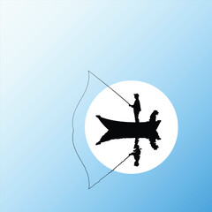 Fisherman with fishing rod in boat. Man with dog isolated silhouette