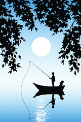 Fisherman in boat. Landscape framed by branches. Isolated silhouette