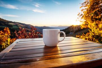 A white mug mock-up stands on the table dawn in nature