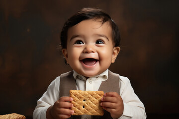 Indian little boy eating biscuits