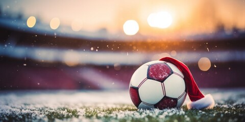 Close up of soccer ball with santa hat in sports stadium. A sanny day at the football stadium. - obrazy, fototapety, plakaty