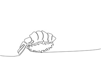Sushi, shrimp nigiri, ebi nigiri one line art. Continuous line drawing of sushi, japanese, food, roll, culture, tasty, restaurant, japan, asian, sea, menu