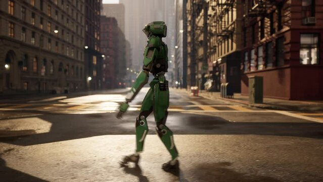 robot walking along a deserted street in a big city. humanoid AI robot crossing street. 3d animation. future automation job.