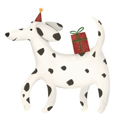  Cute Christmas dalmatian puppy with gift, drawing of white dog in holiday cap, Christmas dalmatian on white background, dog and new year, santa's helper 