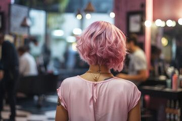pink haired young woman in salon