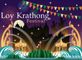Abstract of Loy Krathong Festival banner design with Typography of "Loy Krathong Festival" for the
Celebration full moon night Culture of Thailand. Vector and illustration, eps 10